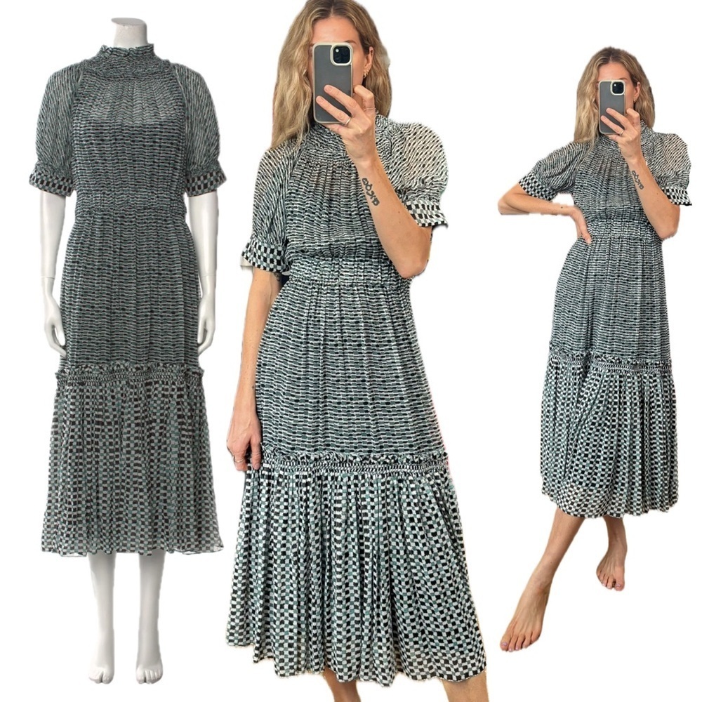 Proenza Schouler Silk Long Ruffle Raw Edge Hem Mock Neck A Line Maxi Dress